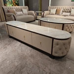 Cream Tufted Leather TV Stand with Oval Marble Top and Dark Glossy Frame